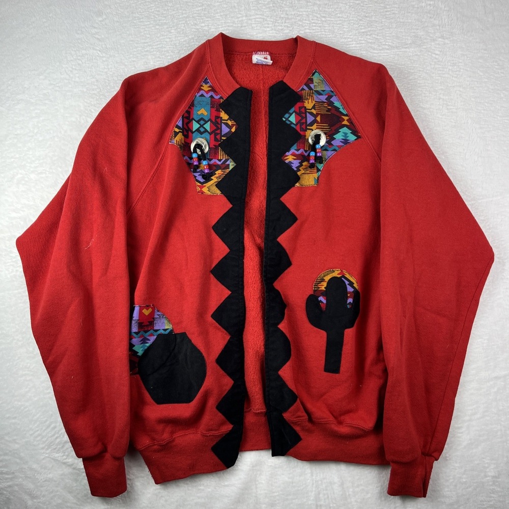 Vintage Jerzees Southwestern Cardigan Sweater Mens XL Red Aztec Tribal Wolf